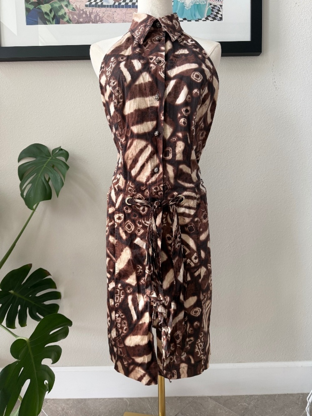 Escada Carrie Bradshaw-esque Backless Abstract Brown Print Collared Dress 42